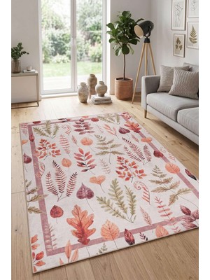 Artloop Florart Bej/ Kiremit Renkli Çiçek Desenli Dokuma Tabanlı Modern Şönil Halı Al 536