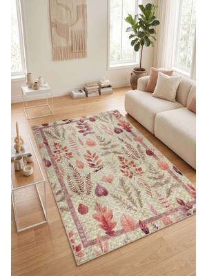 Artloop Florart Yeşil/ Tarçın Renkli Çiçek Desenli Dokuma Tabanlı Modern Şönil Halı Al 541
