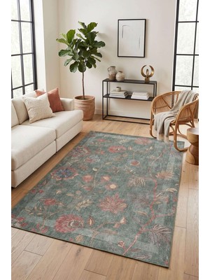 Artloop Florart Yeşil Çiçek Desenli Dokuma Tabanlı Modern Şönil Halı Al 544