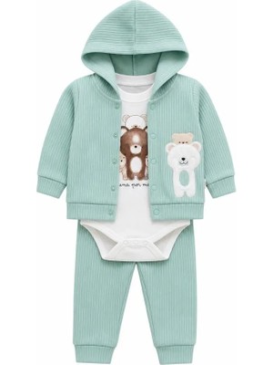 Lika&Nika Erkek Bebek kapşonlu hırka çıtçıtlı zıbın body Eşofman Altı 3’lü takım Yenidoğan 1-3, 3-6, 6-9 Ay