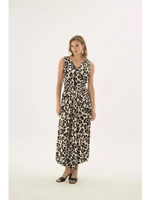 Gizzey 21506 Leopar Kalın Askılı Beli Lastikli Elbise