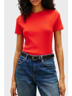 Tommy Hilfiger Pamuklu Logolu Slim Fit Bisiklet Yaka  T Shirt Bayan T Shirt WW0WW40587 Sne