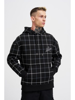 Machinist Clothing Erkek Leather Applique Kapüşonlu Sweatshirt Siyah