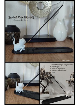 Meta Threed Siyah & Marble Desen Kedi Figürlü Tütsülük  - 24 cm - 3D Baskı Dekoratif Tütsü Standı