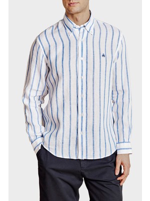 Brooks Brothers % 100 Keten Düğmeli Yaka Çizgili Gömlek Erkek Gömlek BBSS26MSH013175