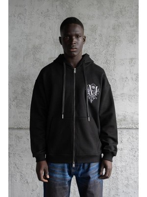 Machinist Clothing Erkek Nakışlı Fermuarlı Kapüşonlu Sweatshirt Siyah