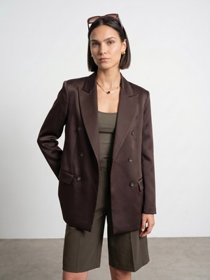 Dilvin 60802 Kruvaze Saten Blazer Ceket-Kahve