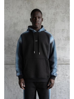 Machinist Clothing Erkek Hand Made Sprey Efektli Şardonlu Kapüşonlu Sweatshirt Siyah