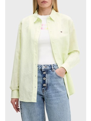 Tommy Jeans Çizgili Keten ve Pamuk Karışımlı Klasik Yaka Uzun Kollu Gömlek Bayan Gömlek DW0DW22209 0cg