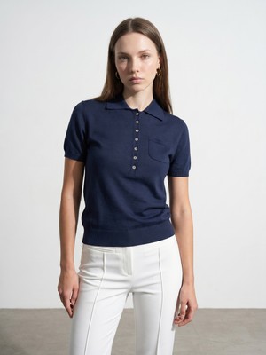 Dilvin 10874 Lyocell Karışımlı Polo Yaka Bluz-Lacivert