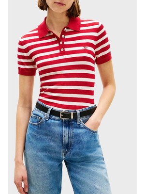 Tommy Hilfiger Çizgili Ipek Karışımlı Kısa Kollu Düğmeli Polo Yaka Kazak Bayan Polo Yaka Kazak WW0WW48503 04W