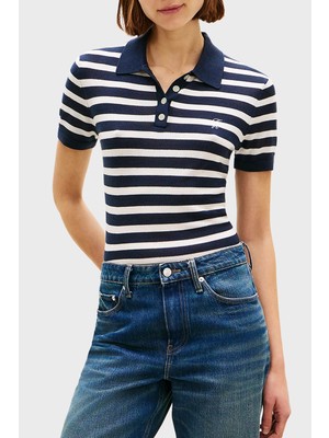 Tommy Hilfiger Çizgili Ipek Karışımlı Kısa Kollu Düğmeli Polo Yaka Kazak Bayan Polo Yaka Kazak WW0WW48503 0A5
