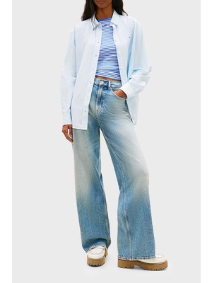 Tommy Jeans Çizgili Keten ve Pamuk Karışımlı Klsaik Yaka Uzun Kollu Gömlek Bayan Gömlek DW0DW22209 0A6