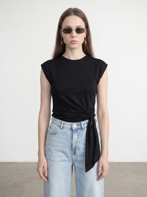 Dilvin 32724 %100 Pamuk Bağlama Detaylı T-Shirt-Siyah