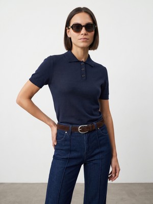 Dilvin 10871  Kadın Polo Yaka Bluz Lacivert Lyocell Karışımlı Standart Kalıp Günlük Stil