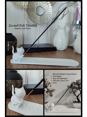 Meta Threed Marble Desen Kedi Figürlü Tütsülük - 24 cm - 3D Baskı Dekoratif Tütsü Standı