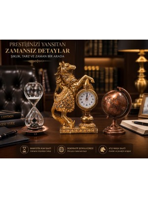 Kesene Lüks Prestij Masa Dekorasyon Seti Gold At Figürlü Masa Saati Metal Kum Saat Metal Bronz Dünya Küresi