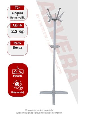 Asvera 33-006 Portatif Ayaklı Portmanto Askılık - Ekonomik Demonte Elbise ve Şapka Askısı