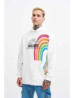 Machinist Clothing Erkek Rainbow Printed Kapüşonlu Sweatshirt Ekru