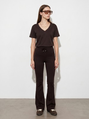 Dilvin 32847 Lyocell Karışımlı V Yaka T-Shirt-Koyu Kahve
