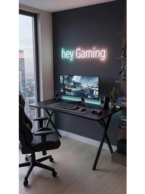 Hey Modüler Mobilya 120 cm Gaming Profesyonel Oyuncu Masası Siyah Tabla, Siyah Metal Ayaklı Hey Gaming