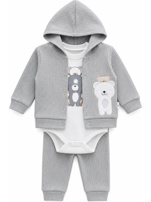 Lika&Nika %100 Erkek Bebek 3'lü Takım Kapüşonlu Hırka Body Pantolon Seti Yenidoğan Bebek Kıyafeti Alt Üst Takım Pamuklu