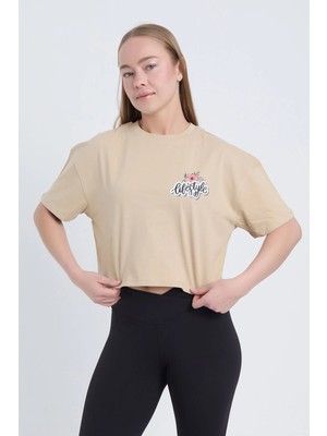 Velvoria Kadın Oversize Lifestyle Baskılı Siyah Bej Crop