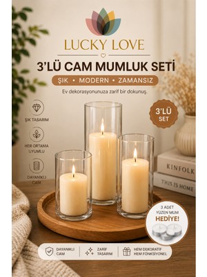 Lucky Love 3 'lü Cam Vazo Silindir Mumluk Seti, Dekoratif Üçlü Cam Mumluk Seti, Modern Cam Mumluk Takımı