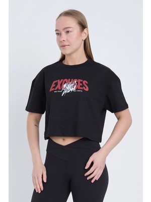 Velvoria Kadın Oversize Excuses Baskılı Siyah Renk Crop