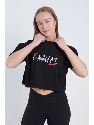 Velvoria Kadın Oversize Casual Baskılı Siyah Renk Crop