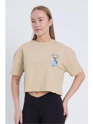 Velvoria Kadın Oversize Forever Baskılı Siyah Bej Crop