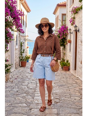 Lela Pamuklu Loose Fit Pileli Kemerli Bermuda Şort Bayan Şort 668YP5439