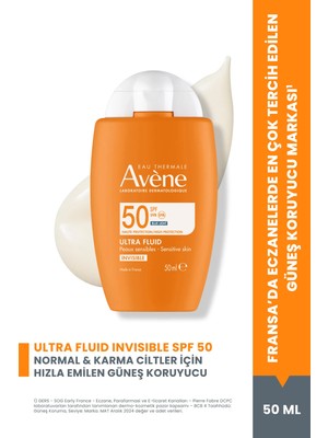 Avene Ultra Fluid Invisible Normal/Karma Ciltler İçin Ultra Hafif SPF 50 Güneş Kremi 50 ml