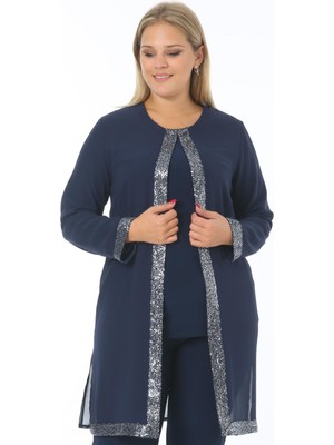 Ladies First Büyük Beden 3717 Lacivert Gümüş Ceket+Bluz İkili Takım Şık Stil Özel Olaylar İçin