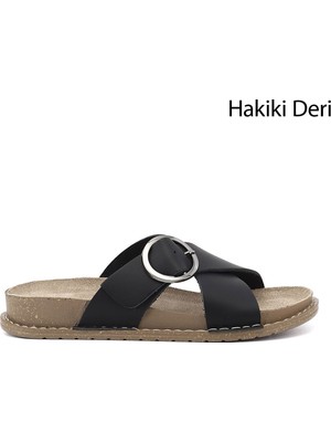 Gönderi(r) Kadın Siyah  Çapraz Bantlı Hakiki Deri Terlik