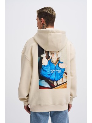 Machinist Clothing Erkek Oversize Born Again Baskılı Kapüşonlu Sweatshirt Açık Bej