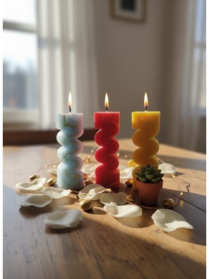 AY IŞIĞI MUMLARI Geometrik Dalga 3'lü Hediyelik Dekoratif Hoş Kokulu Soya Wax Mum (Buz Mavisi + Kırmızı + Sarı Renkli)