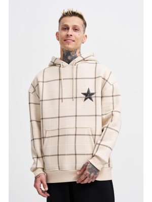 Machinist Clothing Erkek Leather Applique Kapüşonlu Sweatshirt Açık Bej