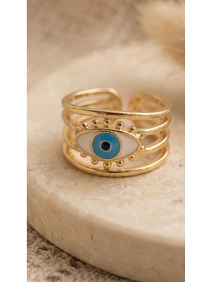 Lune Design Turkuaz Nazar Boncuklu Çoklu Görünümlü Gold Kaplama Ayarlanabilir Yüzük