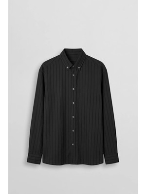 Abluka Online Erkek Oversize Tekstürlü Çizgili Uzun Kollu Gömlek Siyah