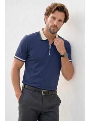 Tudors Erkek Slim Fit Dar Kesim %100 Pamuk Kısa Kollu Yarım Fermuarlı Lacivert Polo Yaka Tişört