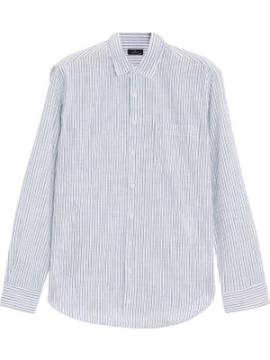 Tudors Erkek Regular Fit Klasik Kesim Oversize Uzun Kollu %100 Pamuk Keten Doku Tek Cepli Çizgili Yeşil Gömlek