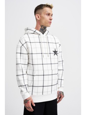 Machinist Clothing Erkek Leather Applique Kapüşonlu Sweatshirt Ekru