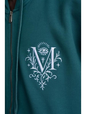 Machinist Clothing Erkek Nakışlı Fermuarlı Kapüşonlu Sweatshirt Yağ Yeşili