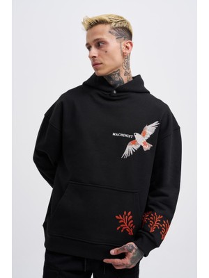 Machinist Clothing Erkek Embroidery Bird Kapüşonlu Sweatshirt Siyah