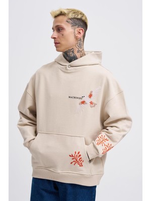 Machinist Clothing Erkek Embroidery Bird Kapüşonlu Sweatshirt Açık Bej