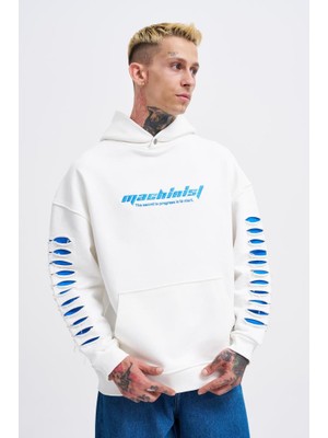 Machinist Clothing Erkek Rıpped Effects Sleeves Kapüşonlu Sweatshirt Ekru