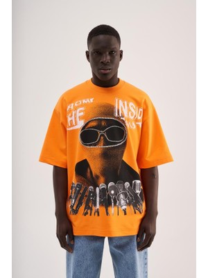 Machinist Clothing Erkek Rhinestone And Printed Oversize Tişört Elektrik-Turuncu