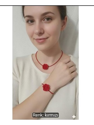 Bodrum Asel Tutkulu Kırmızı! El Yapımı Kadife Gül Detaylı Choker Kolye ve Bilezik Seti.
