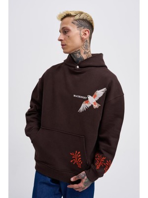 Machinist Clothing Erkek Embroidery Bird Kapüşonlu Sweatshirt Koyu Kahverengi